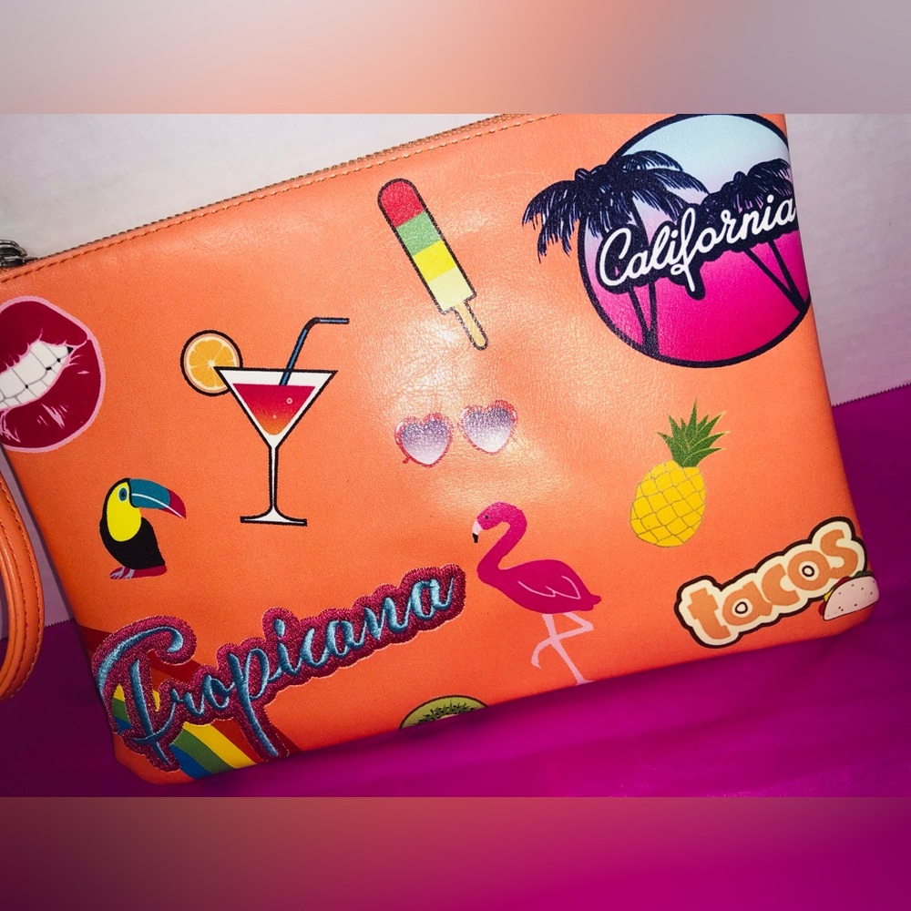Tropical Sticker Pouch Bag Summer California Orange Pink Flamingo Accessories